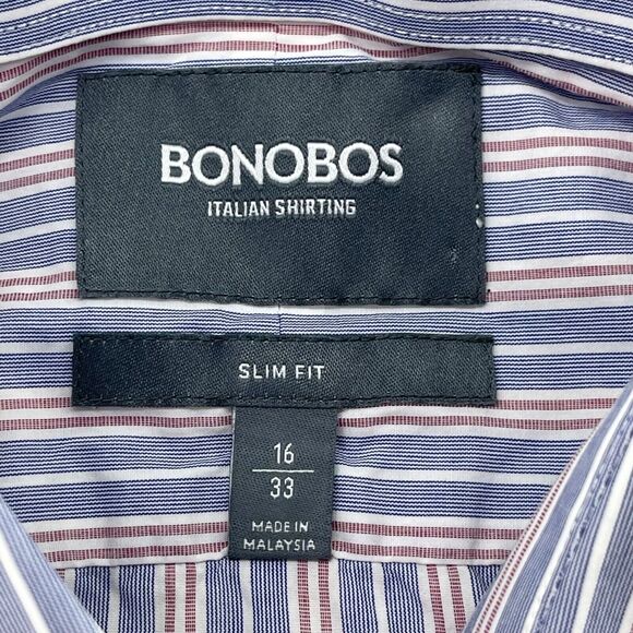 Bonobos Dress Shirt Mens 16 33 Slim Fit Blue Red White Stripe 100% Cotton - Picture 5 of 9